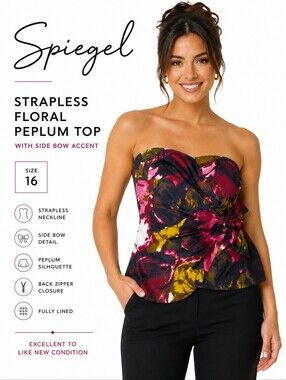 Spiegel Women's Strapless Floral Peplum Top with Side Bow Accent Size 16
